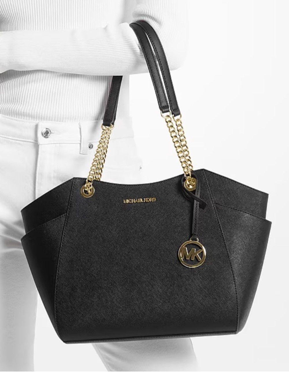 Michael Kors Jet Set Large Saffiano Leather Shoulder Bag. Gold hardware.  Black